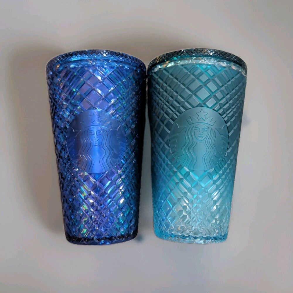 Set of 2 Starbucks Holiday Jeweled Grid Venti Tumblers Cobalt Blue Emerald Teal